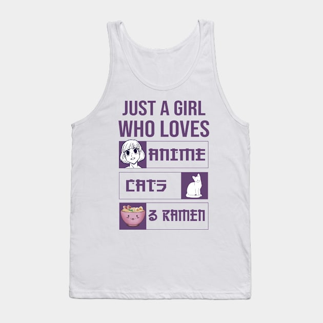 Just A Girl Who Loves Anime Cats And Ramen Tank Top by Mad Art